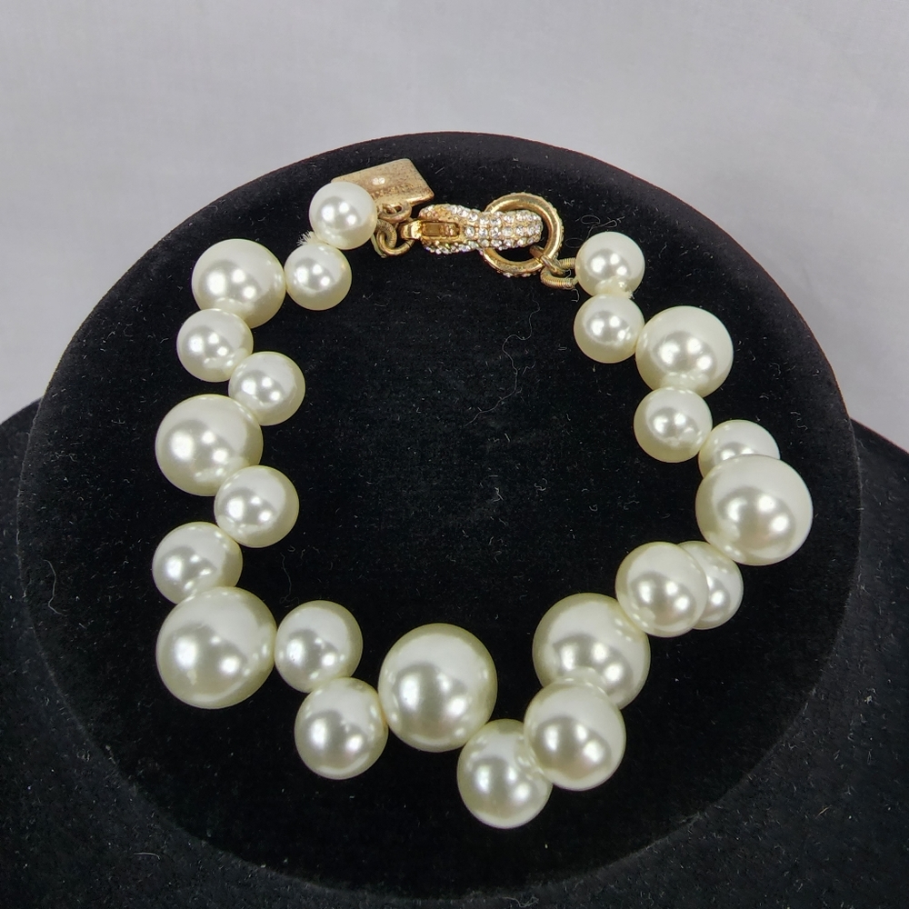 Anne Klein Signed Faux Pearl Bracelet with Rhinestone Clasp